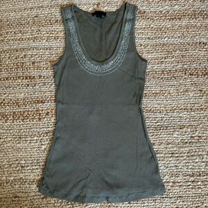 Y2K Express Ribbed Pima Cotton Tank Beaded Neckline - Olive - Medium